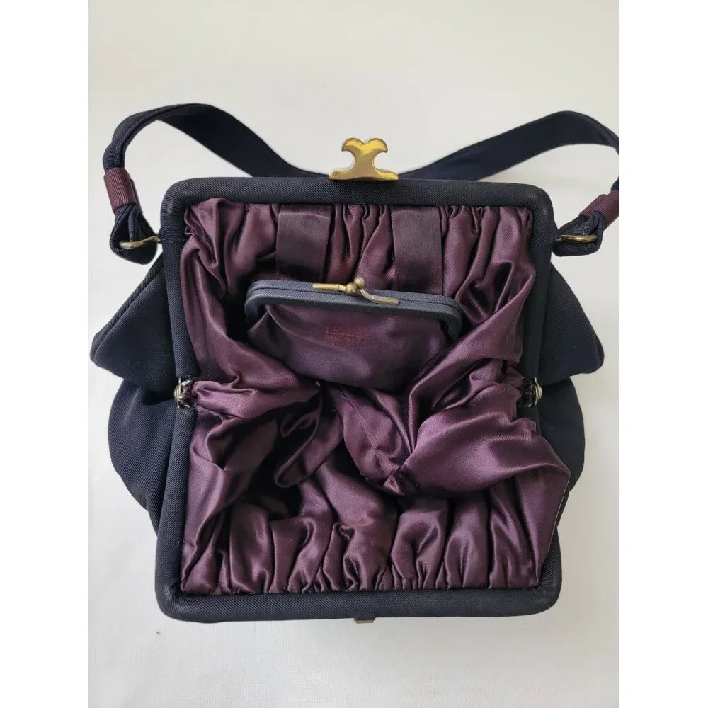 JR USA Vtg Navy Blue Evening Purse Handbag w/ Brass Clasp & Purple Satin Lining - Picture 5 of 9